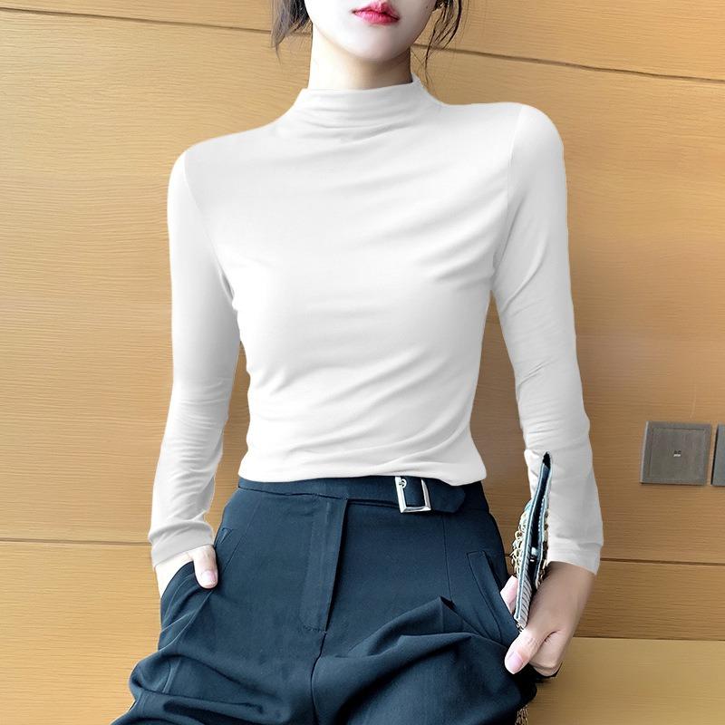 Autumn and Winter Elegant Half-high Collar Modal Base Shirt Women's Autumn Fleece-lined Women's Slim-fit Long-sleeved High Collar Inner Top