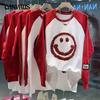 Plus Size Spring Red Smiley Embroidered Long Sleeve Pullover Colorblocking Top