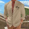Autumn Long Sleeved Stand Up Collar Coconut Tree Printed Retro Slim Fit Men's Casual Shirts Beach Style Top Man