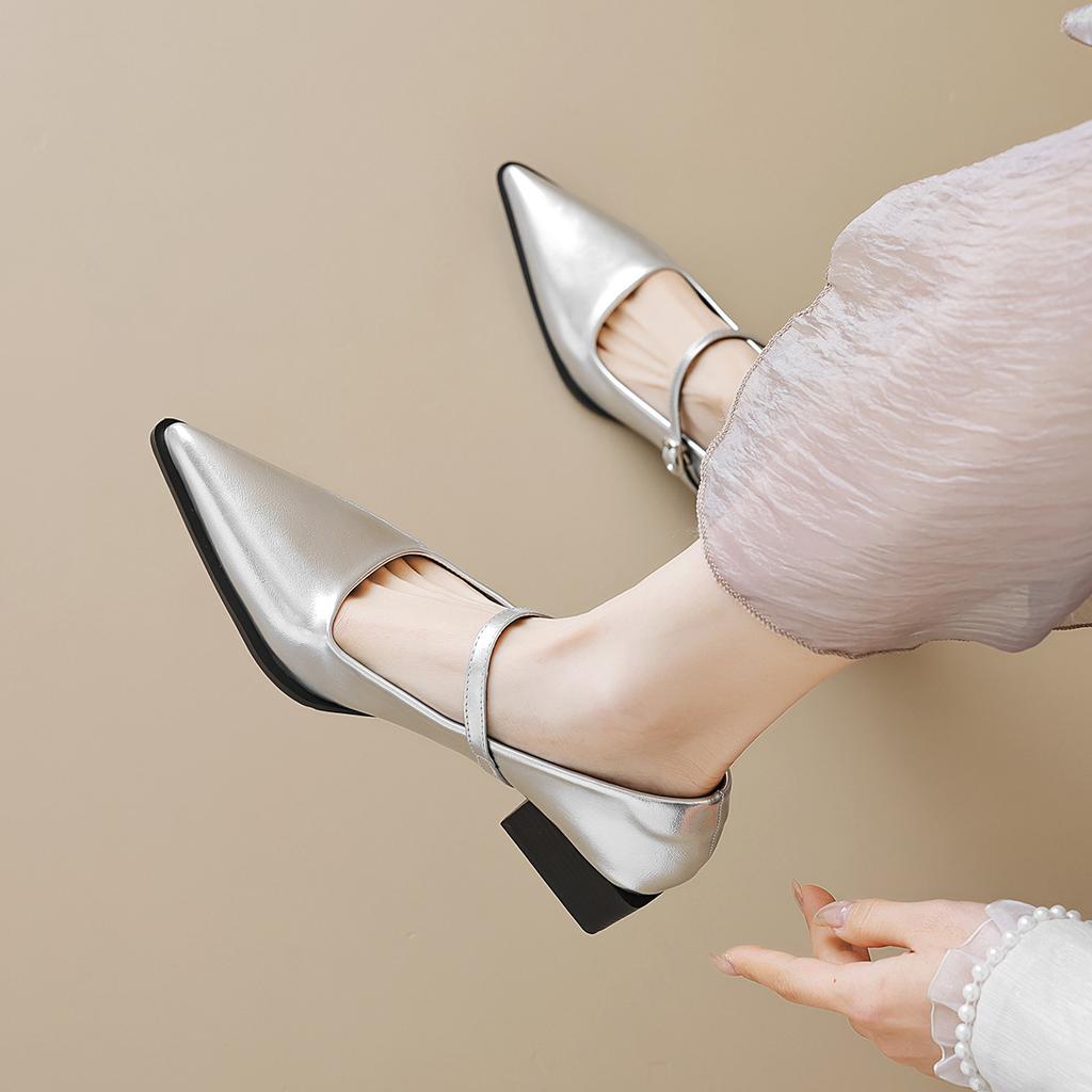Weiwei girl 108-1 Французские туфли-лодочки с острым носком женские на толстом высоком каблуке темпераментные серебристые туфли Мэри Джейн
