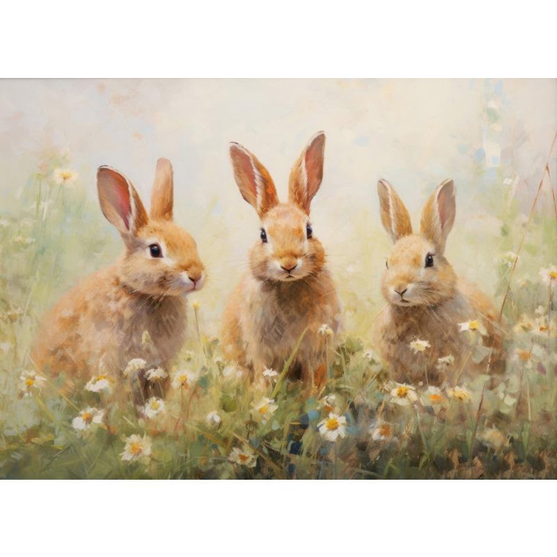 Весенний и Пасхальный Постер Весеннее Поле Диких Цветов Семейство Кроликов Город Город Пасхальный Кролик Холст Живопись Настенное Искусство Картина Домашний Декор