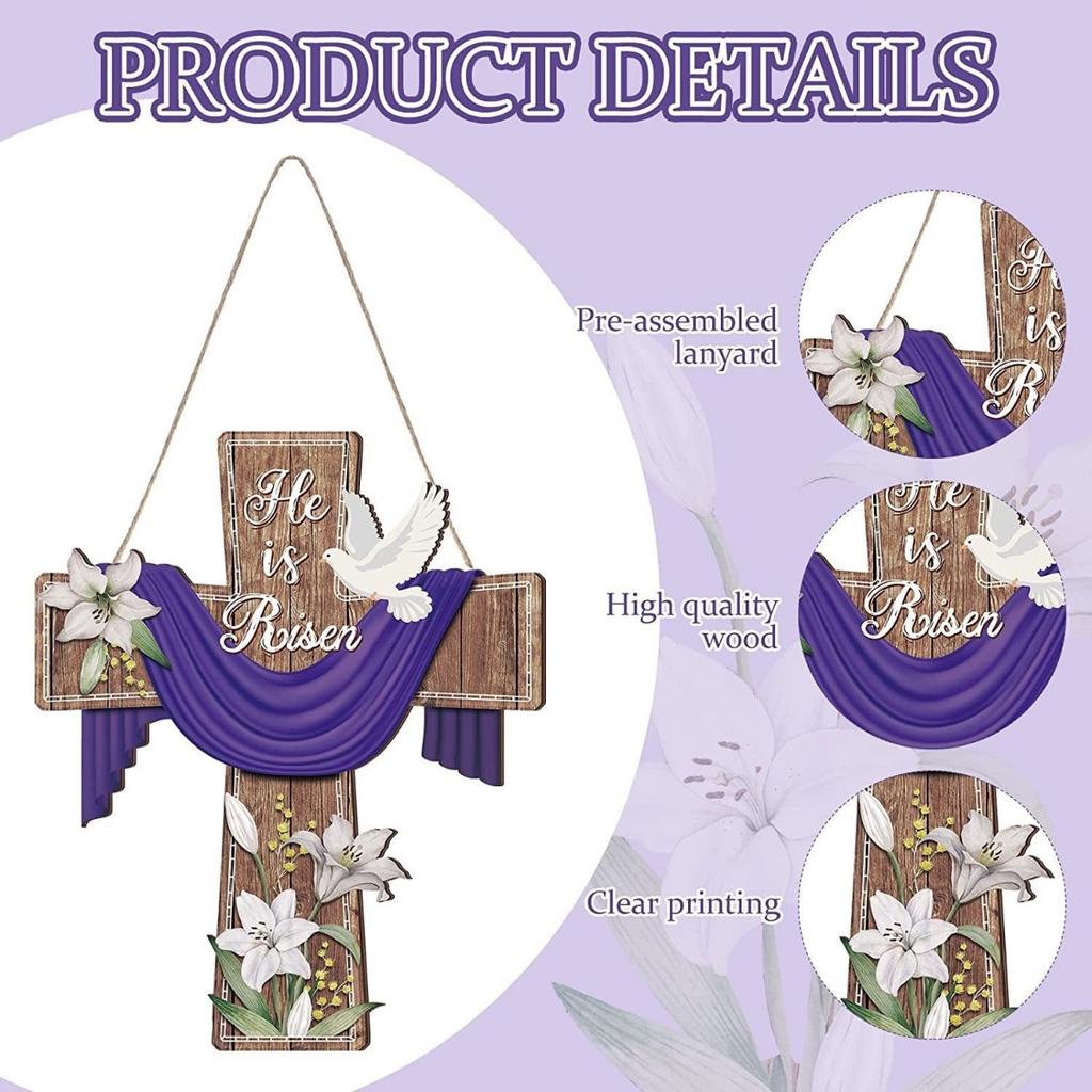 Easter He Is Risen Wreath for Front Door Religious Easter Decoration Wooden Cross Door Sign Hanging Sign Christian Floral Decor for Party Supplies