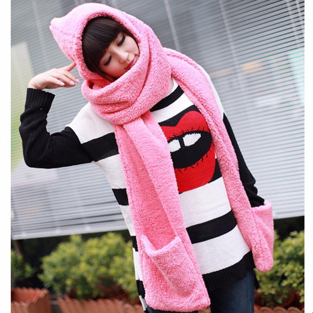 Women Long Warm Plush Velvet Hooded Scarf 3 In 1 Pocket Gloves Hats