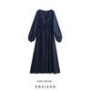 Kaslead New Arrival Women's Clothing Fashion Style Fashion Minimalist Satin V Neck Waist-Tight Puff Sleeve Dress