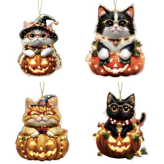 Car Halloween Rearview Mirror Hanging Pendant Cartoon Skull Cat Auto Interior Accessory 2D Flat Acrylic Hanging Charm for Car Backpack