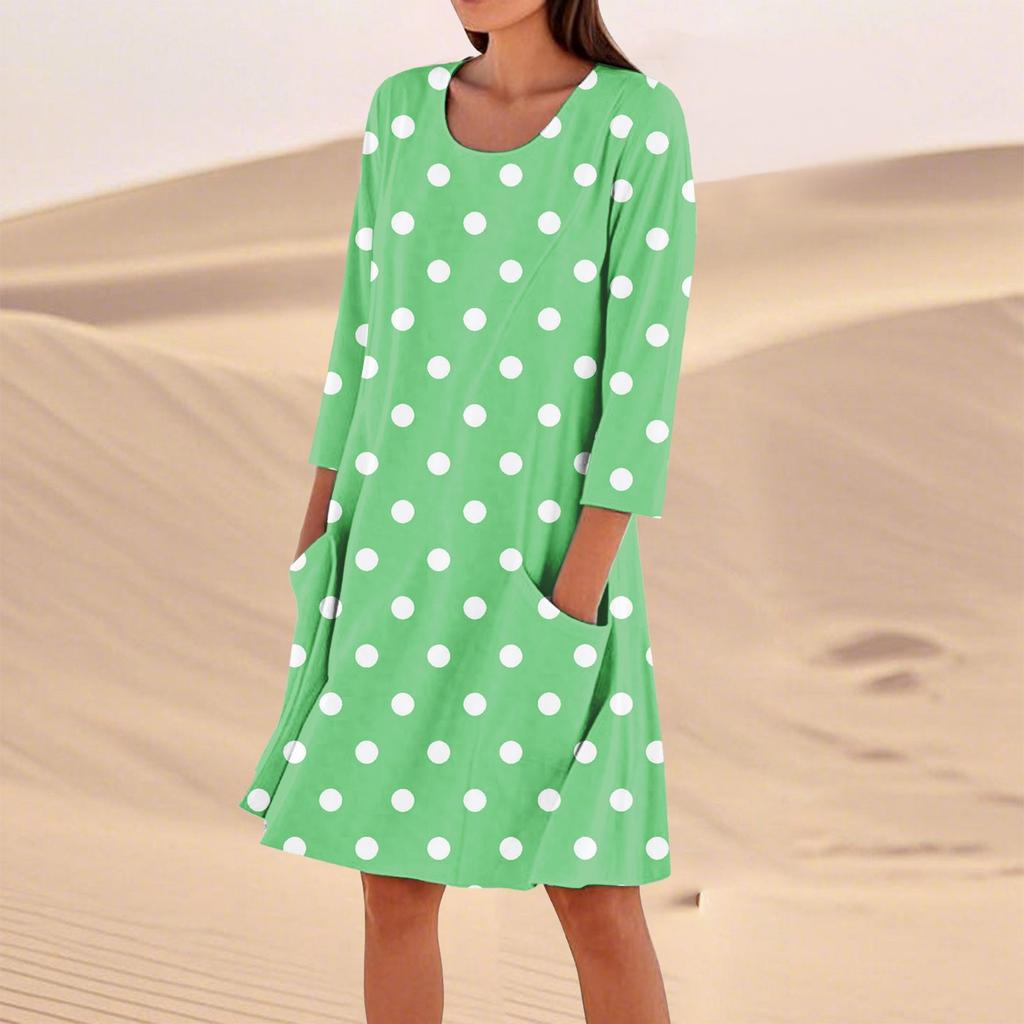 Женское однотонное модное свободное повседневное платье с рукавом три четверти Женское модное свободное повседневное платье с принтом в горошек и рукавом три четверти