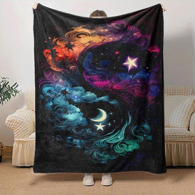 1pc Moon and Stars Printing Lightweight Flannel Blanket, Comfortable and Warm Blanket, for Camping Sofa Bed and Couch Office, Suitable for Gi