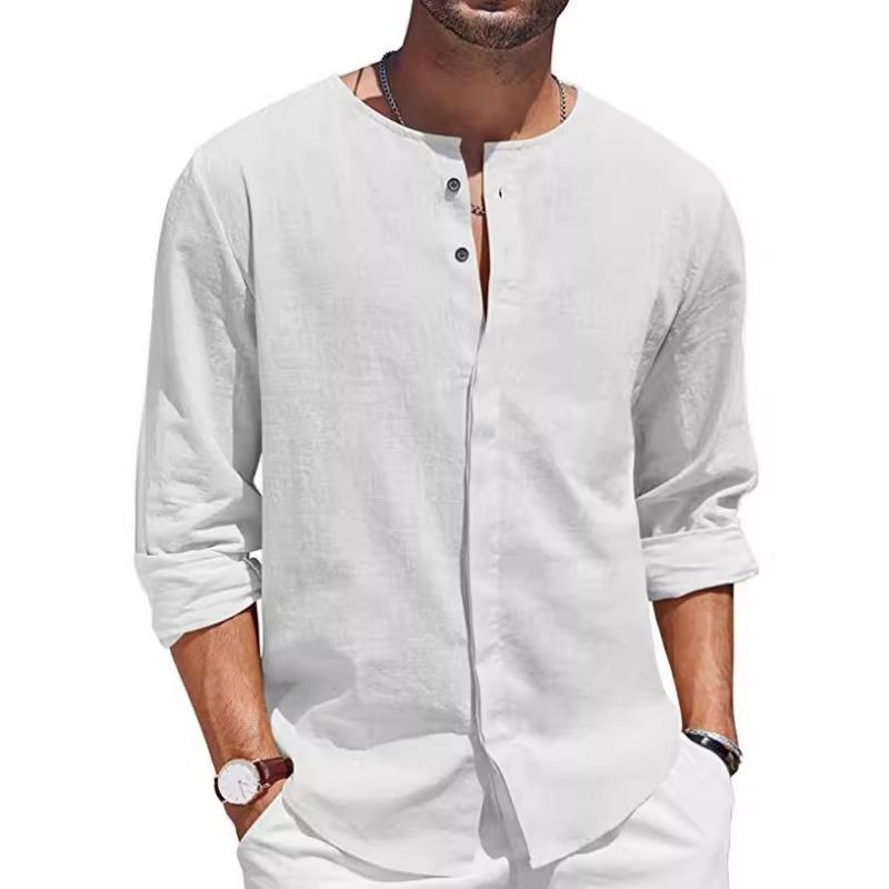 Foreign Trade Men's Cotton and Linen Shirt Long-sleeved T-shirt Button-neck Casual Beach Shirt