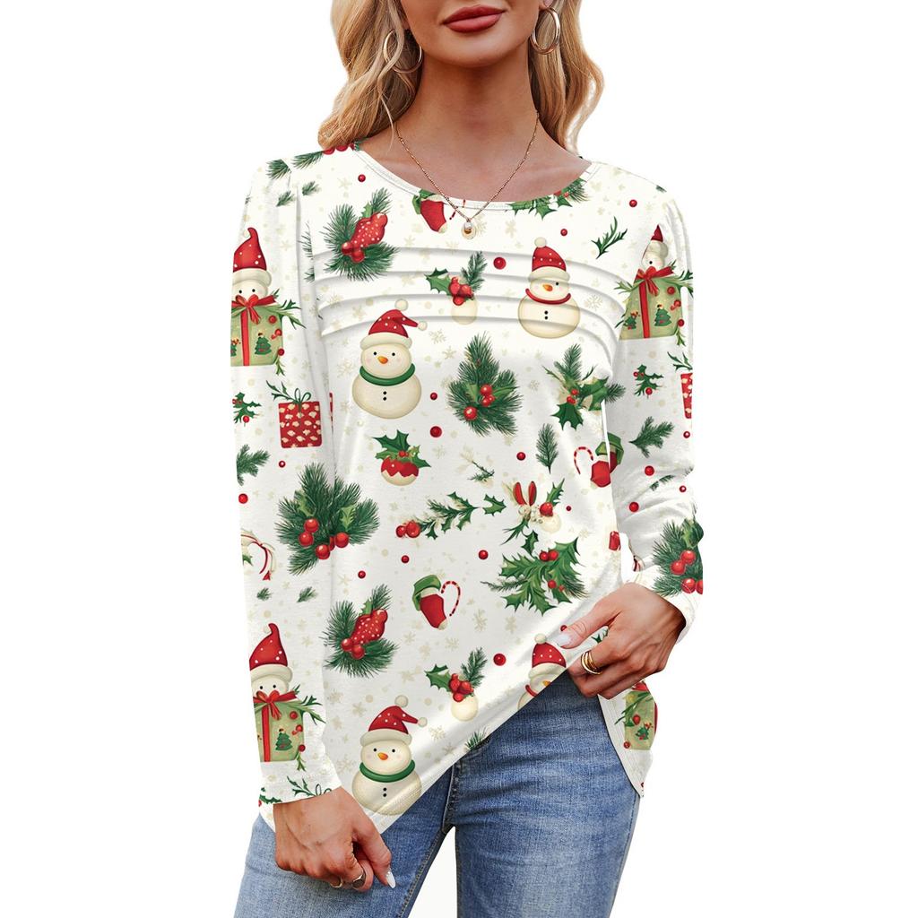 Женская футболка с круглым вырезом и длинными рукавами с принтом рождественской елки и снежинки