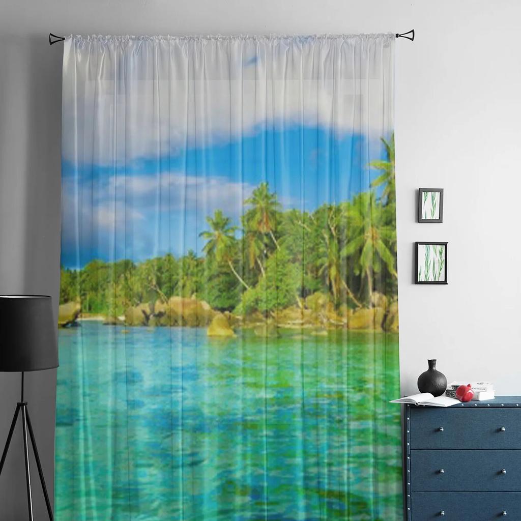 Пальмы на пляже, прозрачные шторы для гостиной, детская спальня, тюлевые шторы, кухонные шторы для окон