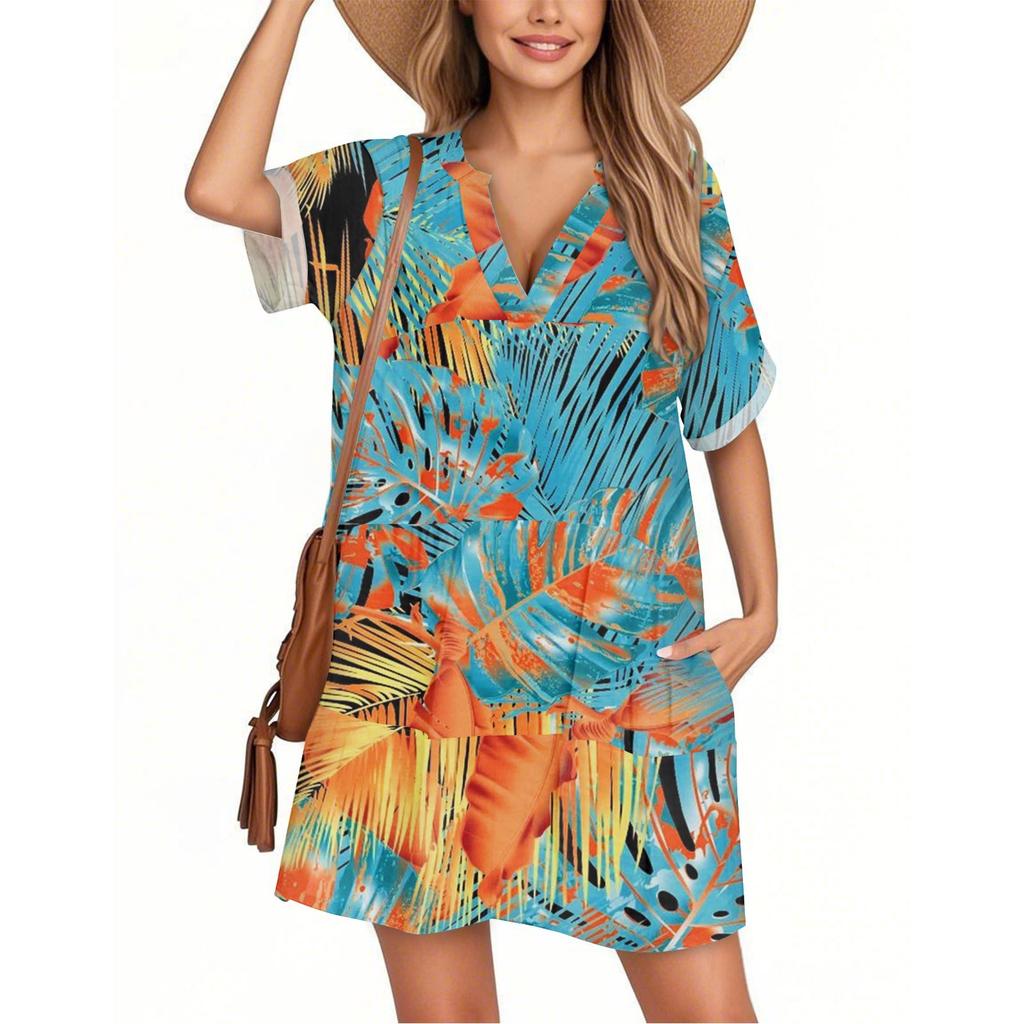 Women's Fashion Smock Hawaiian Floral Casual Short Sleeve V-neck T-shirt Dress Holiday Beach Dress