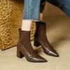 Retro Brown Ankle Boots Women Pointed  High Thick Heels,  Autumn Winter New Collection, Patchwork Elastic Slim Boots