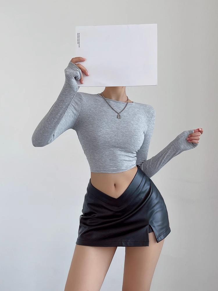 Silver PU Leather Skirt Women Y2k Sexy Slim Female Clothing Gothic V High Waist Slit Casual Short Skirts Streetwear