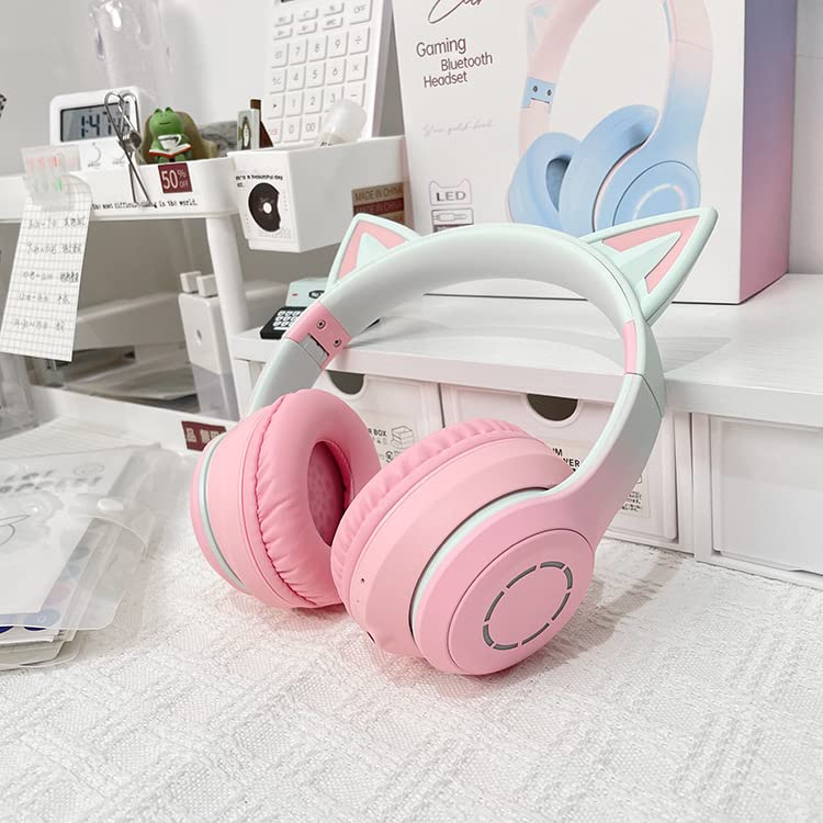 Bluetooth Cat Ear Headphones Cat Ear Headset Headphones Wireless Headphones with LED Glitter Rainbow Color Conversion Bluetooth Wireless with