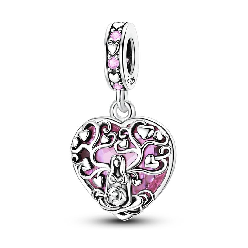 925 Silver Charm Bead Mother's Day Love Heart Family Charms Beads Pendants Fit Bracelet Women Jewelry Gifts