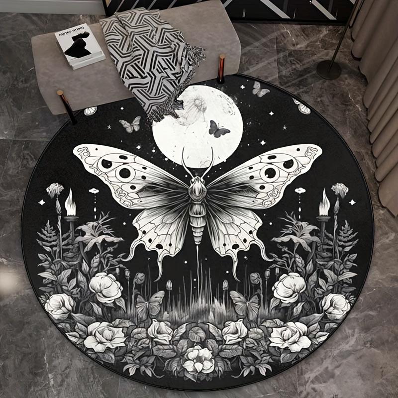 Moon Butterfly Gothic Round Rug Night Garden Floral Insect Art Black White Boho Home Decor Anti Slip Floor Mat