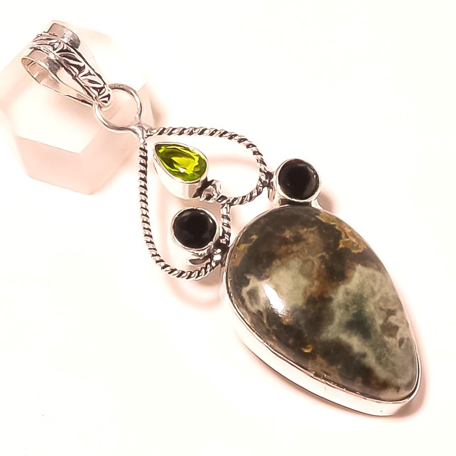 Leopard Skin Black Spinel Peridot Gemstone Handmade Jewelry Pendant 2.5" Z9c43