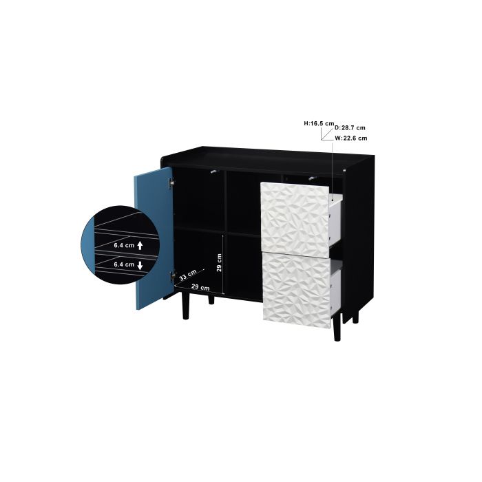 Buffet, corps noir avec portes bleues, comprenant deux tiroirs à panneau unique et deux compartiments de rangement ouverts.