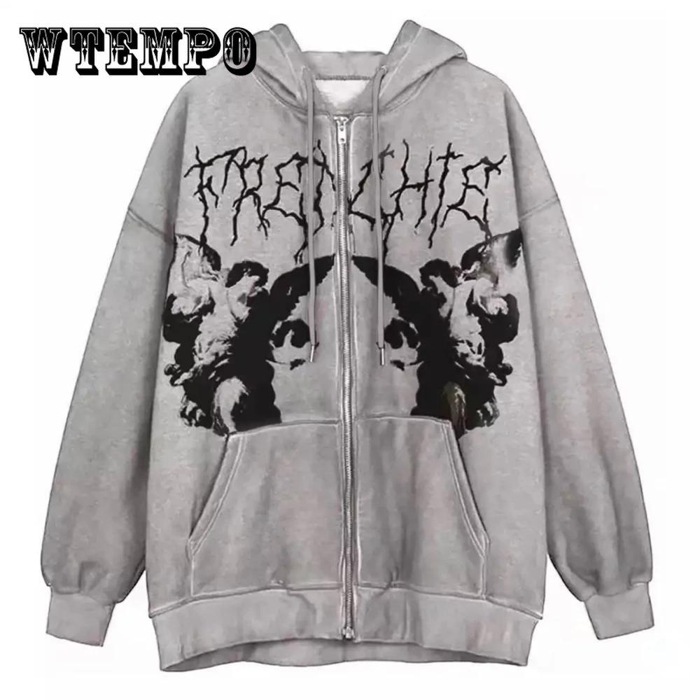 Плюс размер Y2K Толстовка с капюшоном на молнии Толстовка с принтом ангела Свободные карманы с длинным рукавом Уличная одежда Хип-хоп Мужчины Женщины Пальто Пуловер Толстовка