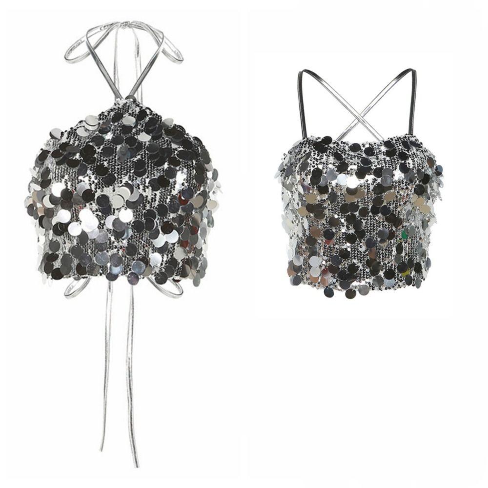 Beachwear Silver Sequin Camisole Short Women's Lace-Up Vest Design Glitter Tank Top  Vacation