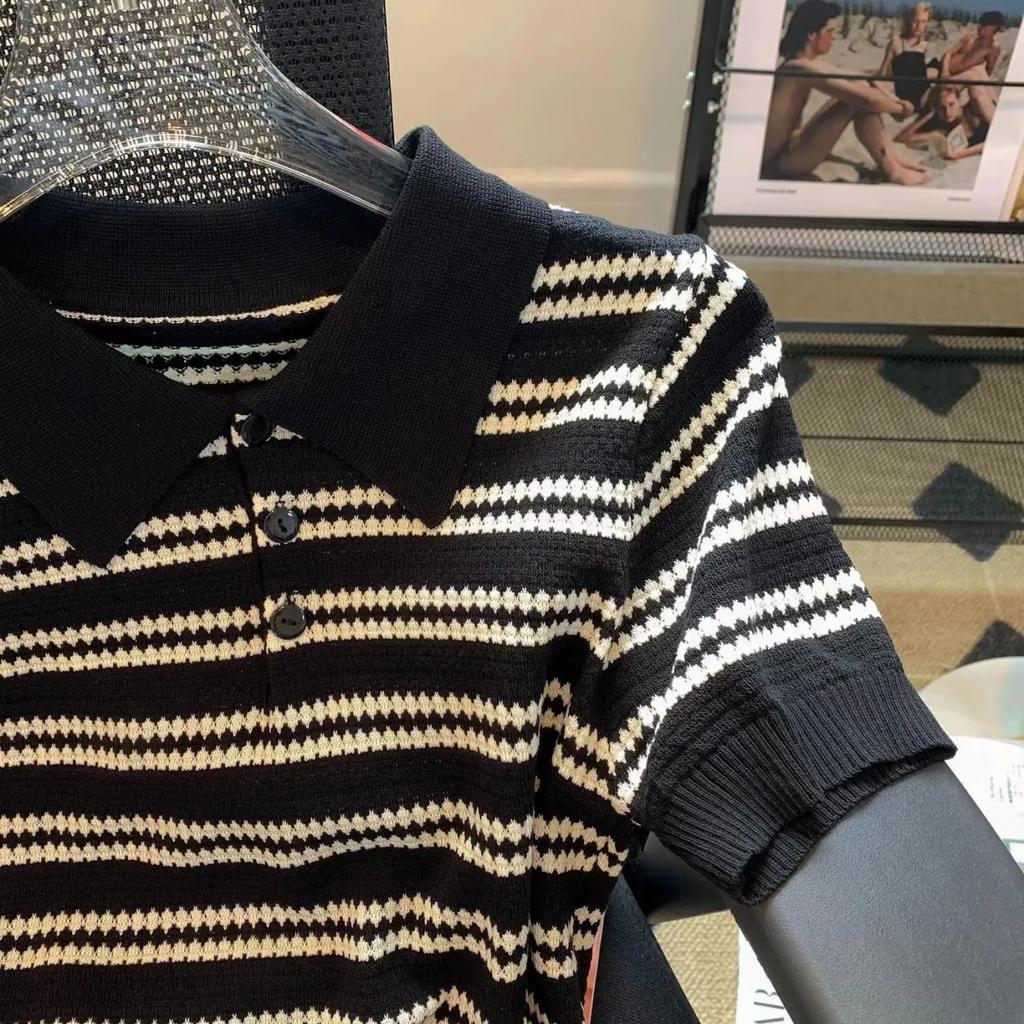 Women Summer Striped Casual Shirts Short Sleeve Knitted Slim Top