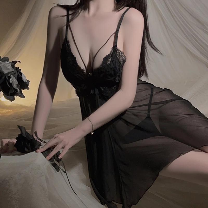 Пижамы женские пижамы черная кровать юбка сексуальный бюстгальтер открытая спина прозрачные цветы кружева подтяжки пижамы женские