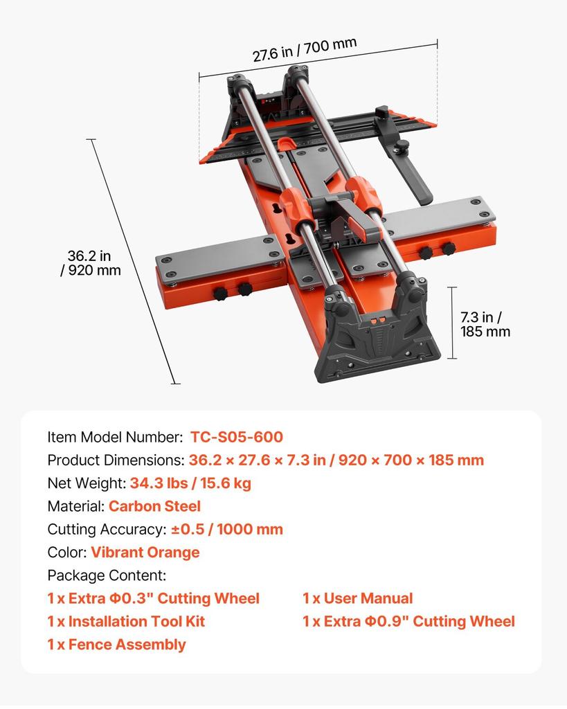 600 mm Manual Tile Cutter, Upgraded Sliding Head Cutting Tool with Spring-Loaded Base, Angle Fence, Tungsten Carbide Cutting Wheel, Alignment Guide,