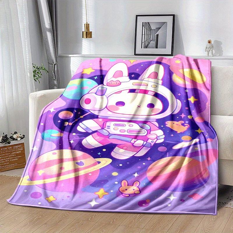 1pc Cute Rabbit Planet Printing Lightweight Flannel Blanket, Comfortable and Warm Blanket, for Camping Sofa Bed and Couch Office, Gift