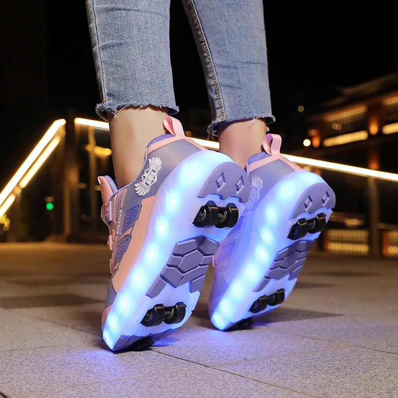 Kid's with Brake Roller Skates Removable Flat Charging LED Four Wheels Glowing Sports Shoes Women's Glowing Sneakers