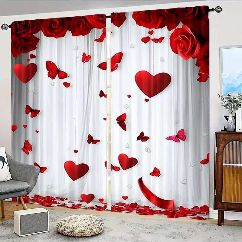 2PC Red Rose Heart Butterfly Sheer Curtains Romantic Valentine Print Light Filtering Drapes Sweet Home Decor for Bedrooms