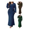 Plus Size Women Evening Dress V-Neck Long Sleeve High Waist Tight Long Dress Solid Color Shiny Fishtail Dress