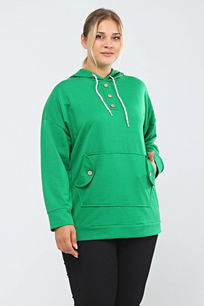Women's Style Big Size Sweatshirt Large Size Hooded Kangaroo Pocket Lycra Button Detailed Long Hoodie Sweatshirt Green