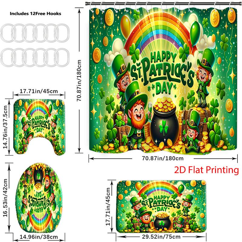 4PC-St Patrick's Day shower curtain set with 12 hooks, shower pad, toilet seat, bathroom non slip carpet, washable curtains for home decoration