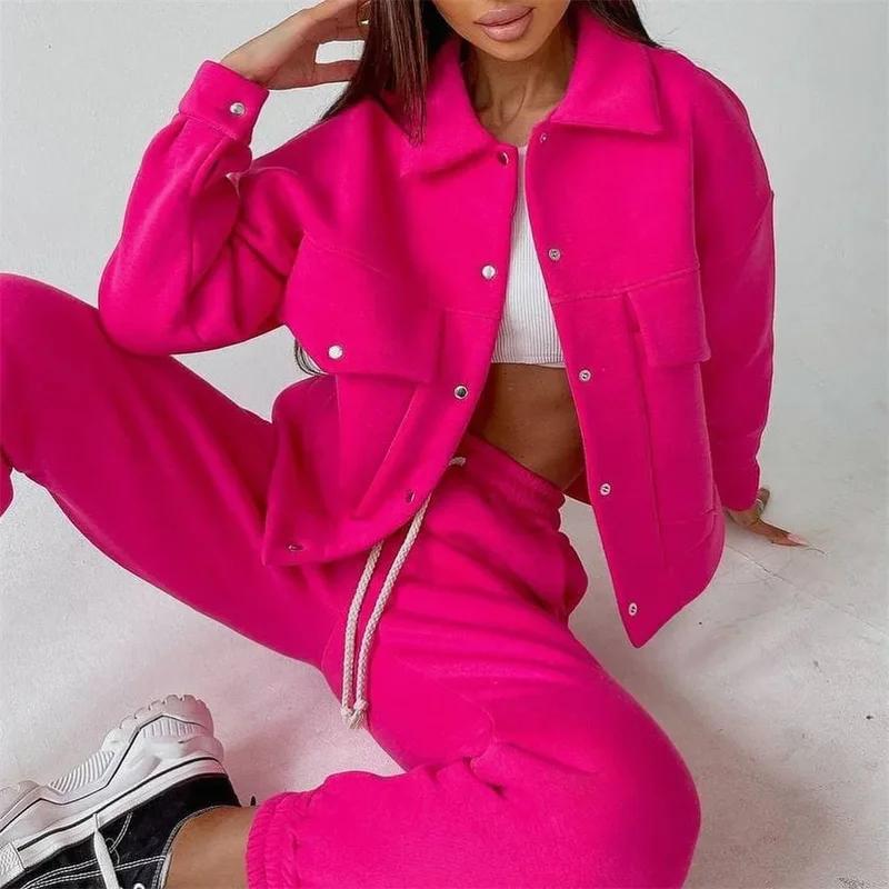 Women Tracksuit Matching Two Pieces Set Single Button Jacket Coat Pockets Pants Suit Drawstring Trousers Sports Outfits
