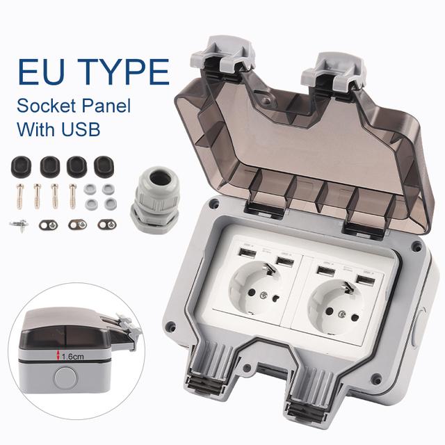 IP66 EU Немецкий стандарт двойная розетка с выключателем питания с USB и подсветкой, наружная водонепроницаемая пылезащищенная настенная розетка с выключателем для дома