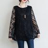 Весна Осень Женская кружевная блузка с круглым вырезом, средней длины, свободного кроя, с ажурной отделкой, больших размеров