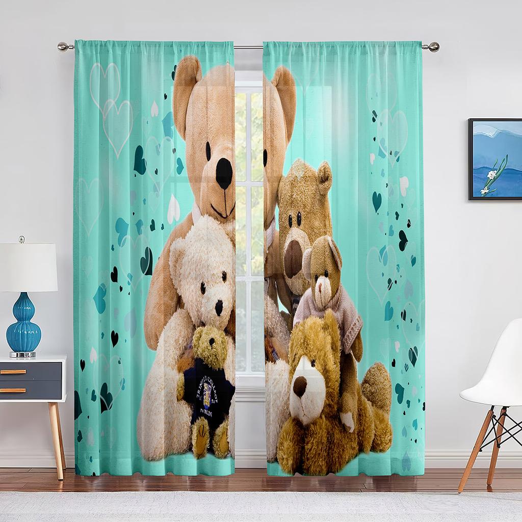 Семейные тюлевые шторы Happy Teddy Bears для кухни, гостиной, спальни, прозрачный шифон, прозрачная оконная занавеска из вуали