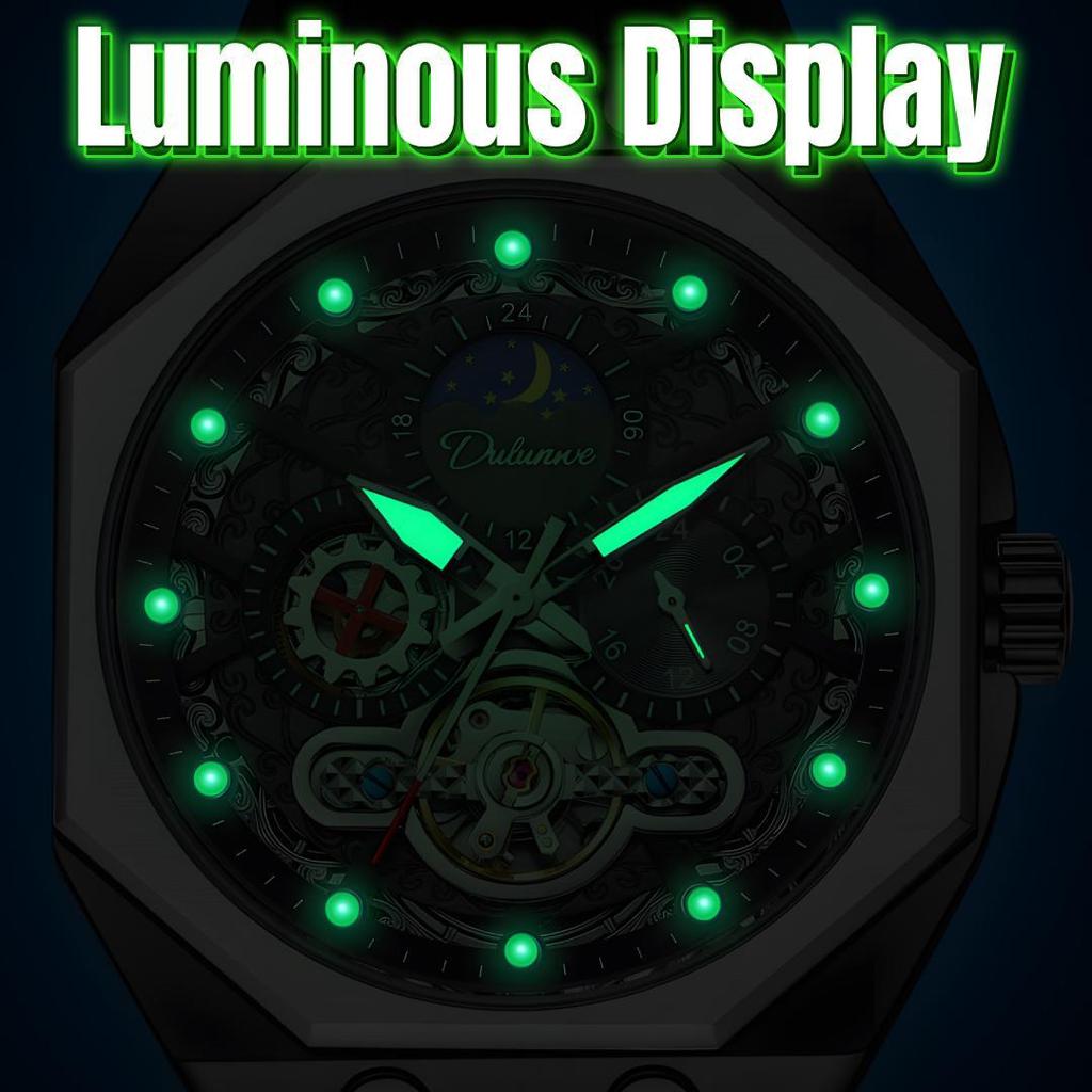 Tourbillon Hollowed Out Strong Luminous Moon Phase Mechanical Watch for Men, Fully Automatic Business Watch, Holiday Gift, Stainless Steel Watch