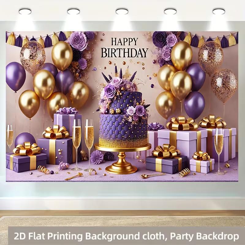 2D Purple Gold Luxury Birthday Backdrop Banner 8ft Wide Happy Birthday Party Decor Background