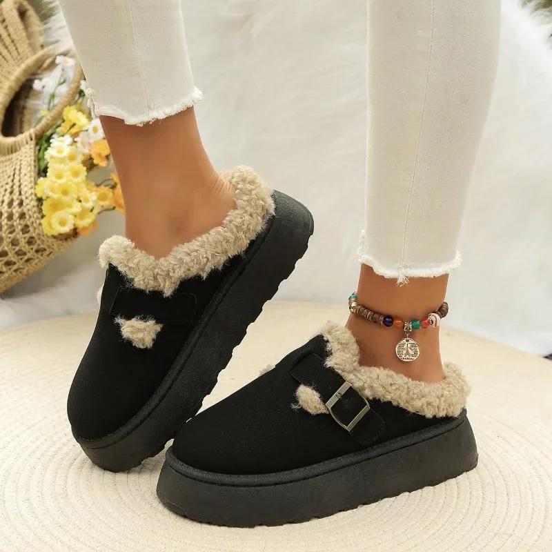 Fashion 2024 New Womens Plush Slippers Winter Solid Color Warm and Comfortable Thick-soled Snow Boots Imitation Suede Casual Ankle Boots
