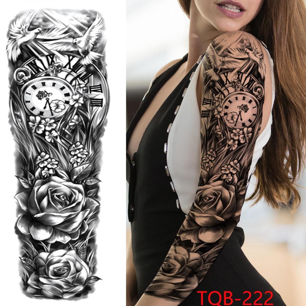 New 1 PC 480*170MM Super Large Compass Wolf Head Eye Fake Lion God Feather Temporary Tattoo Sleeves For Men Women Tattoo Full Arm Tattoo Sticker