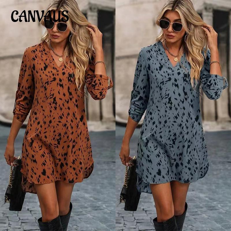 Весенне-летнее женское платье, тонкое леопардовое модное платье с воротником-стойкой и длинными рукавами