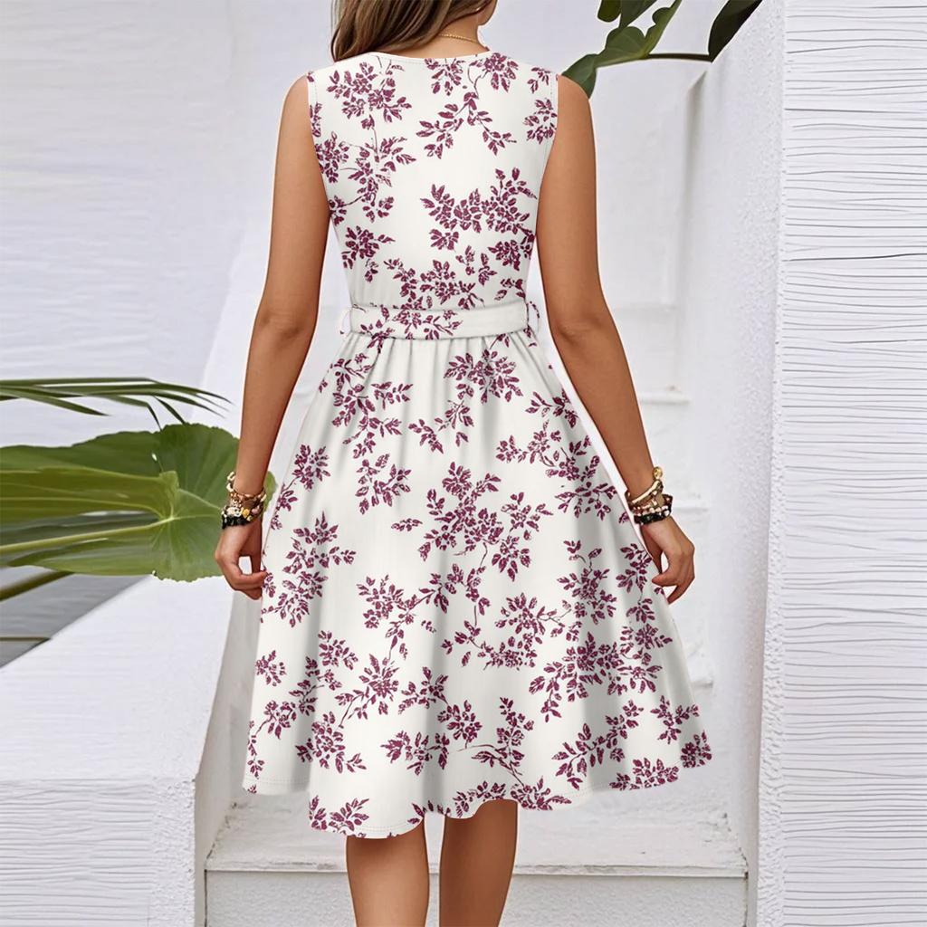 Women's Spring And Summer Casual V-Neck Sleeveless Waist Floral Print Midi Dress