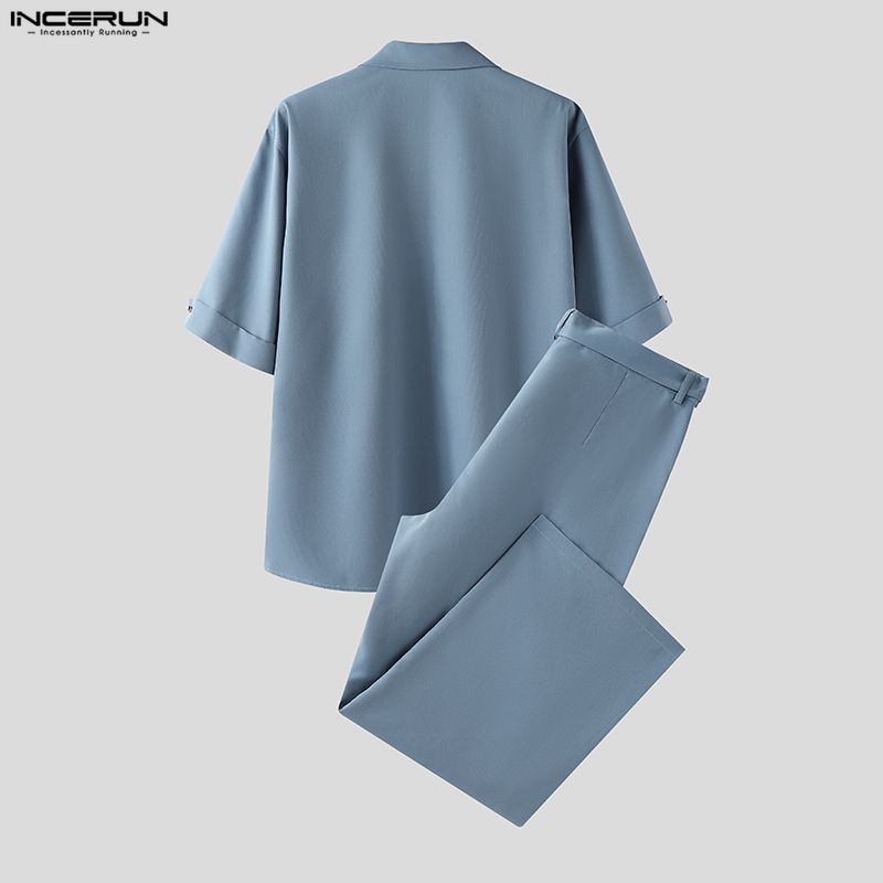 INCERUN Комплекты из двух предметов для мужчин с лацканами, с коротким рукавом, в полоску, рубашка, длинные брюки