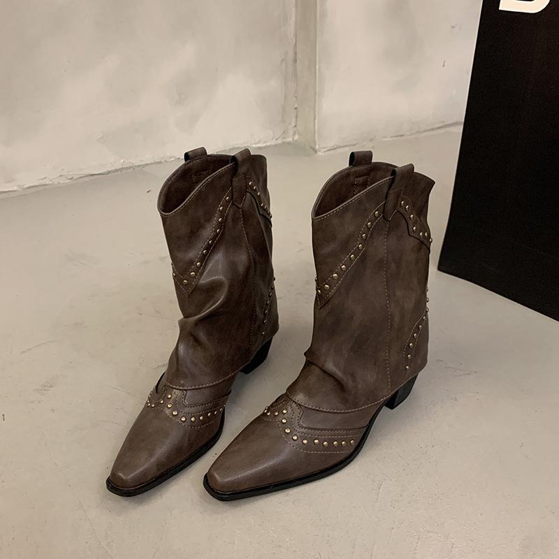 Woman Rivet High-Heeled Fashion Pointed Toe Knight Boots Elegant 6Cm Square Heel Long Pipe Boots Retro Leather Women'S Shoes