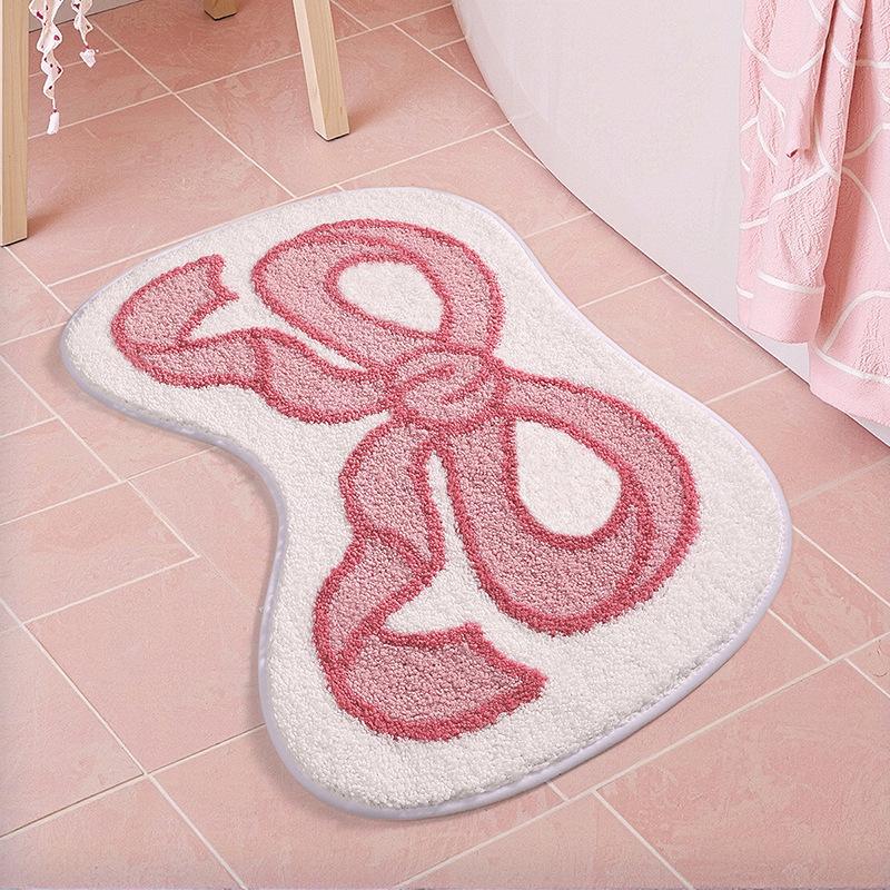 Pink Bow Bath Mat Thickened Flocked Microfiber Bathroom Rug Super Absorbent Anti-slip Foot Mats Soft and Comfortable
