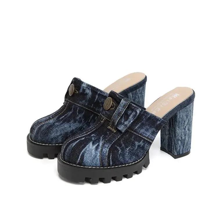 Модные туфли на высоком каблуке, сумка на голове, модные джинсовые шлепанцы, женские шлепанцы на толстом каблуке, водонепроницаемые, ретро мюли, крутые шлепанцы