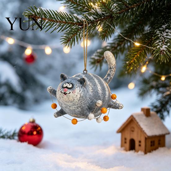 Cute Animal Home Decoration Flying Chubby Cat Ornament, Vintage 2D Acrylic Kitten Hanging Pendant with Blue Funny Striped Stripe Design, Car