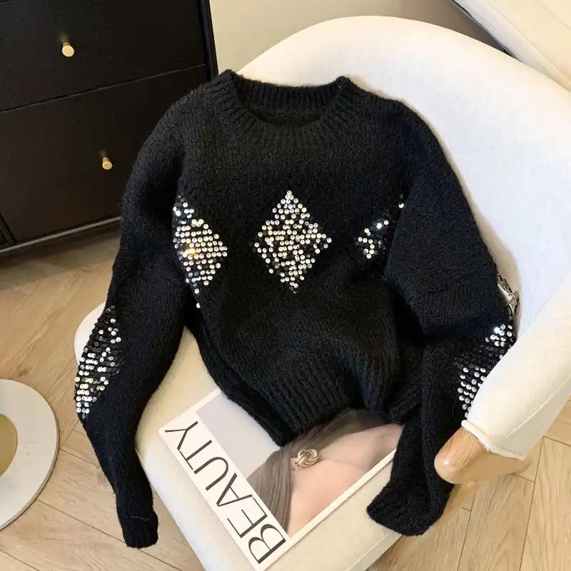 Свитер для женщин Осень Зима Утепленный Пуловер Теплый Вязаный Полосатый Базовый Слой Эластичный Длинный Рукав Оверсайз Джемпер Топы