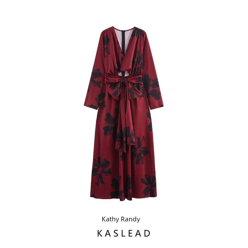 Kaslead New Women Clothes Western Style Fashion Simple Double Purpose Design Temperament Deep V Print Long Dress